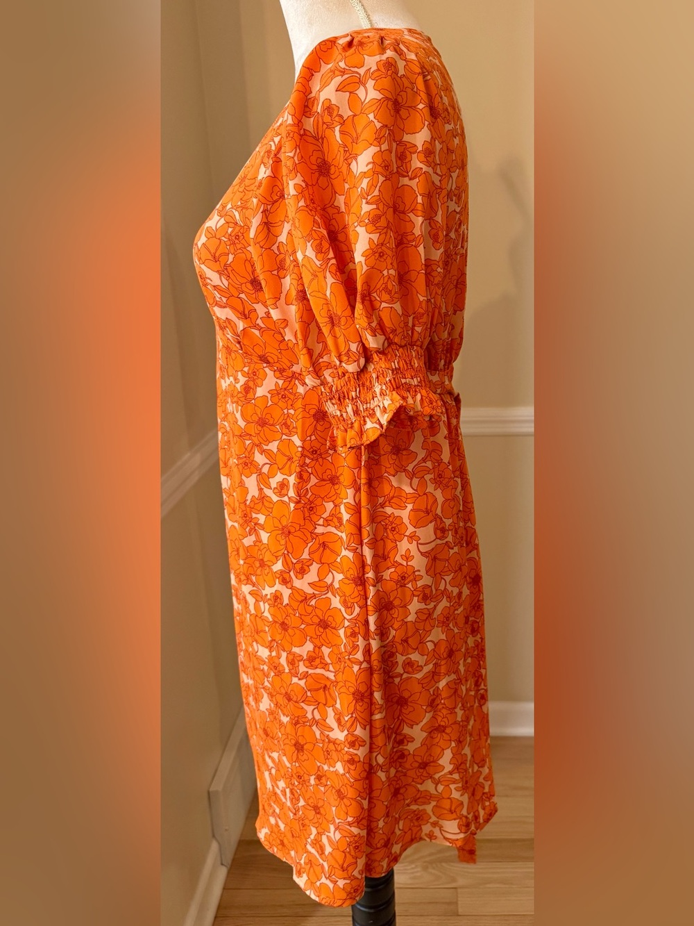 🌼🍊 Sienna Sky Orange Floral Puff Sleeve Mini Dress XS Cottagecore Boho - Picture 5 of 9